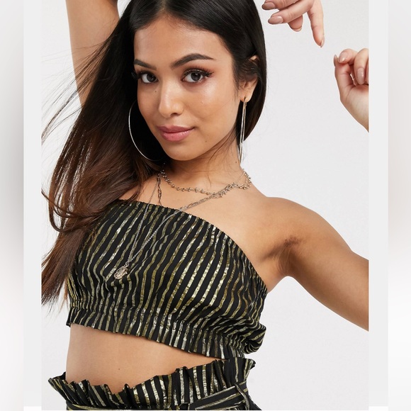 ASOS Petite Gold Metallic Stripe Bandeau Tube Top with Paper-bag High Waist Pant - Picture 7 of 15